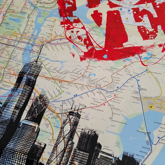 ❤ Handpainted I LOVE New York Skyline Acrylic Paint Artwork on a NYC Subway Map - Picture 10 of 11
